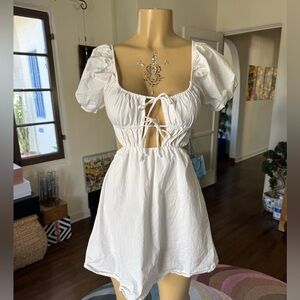 Cotton Candy White Puff Sleeve Cut Out Mini Dress